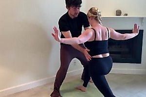 Stepson helps stepmom with yoga coupled with opens up their way fur pie