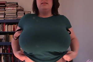 Huge boobs, mamma drop, blue tee-shirt