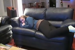 Chubby white girl makes a sextape with her asian boyfriend on someone's skin sofa
