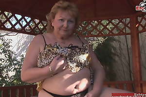 Old BBW women take fat bellies during lesbian outdoor sex on the patio